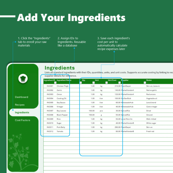 Food Recipe Cost Calculator Excel Template (No Macros)