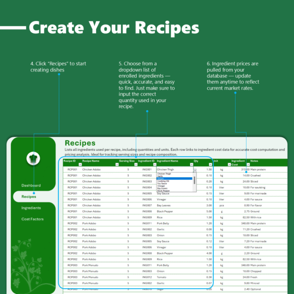 Food Recipe Cost Calculator Excel Template (No Macros)