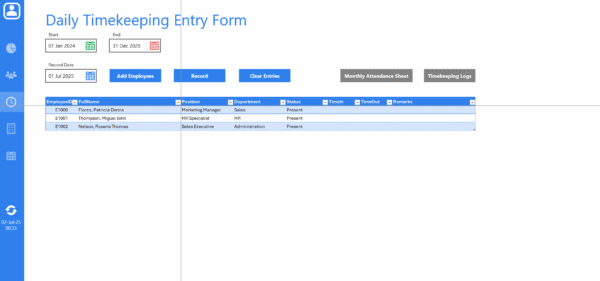 ss_03_DailyTimekeepingEntryForm Employee Attendance Tracker Excel Dashboard